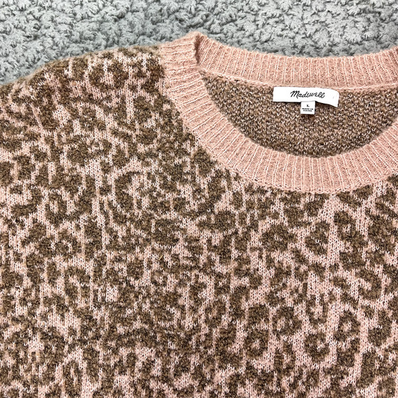 Madewell Sweater Womens Large Pink Cheetah Print Merino Wool Pullover Barbiecore - Picture 4 of 10